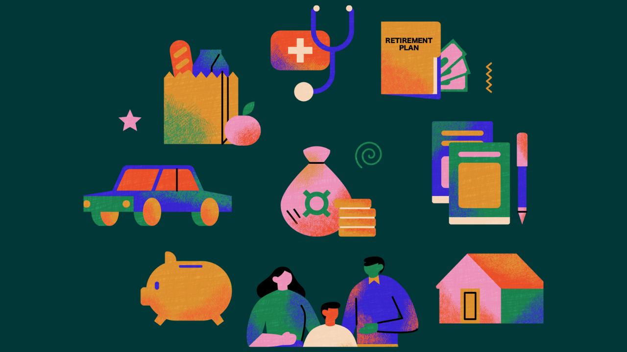 Illustration en couleur d’une famille, encerclé par divers types de dépenses