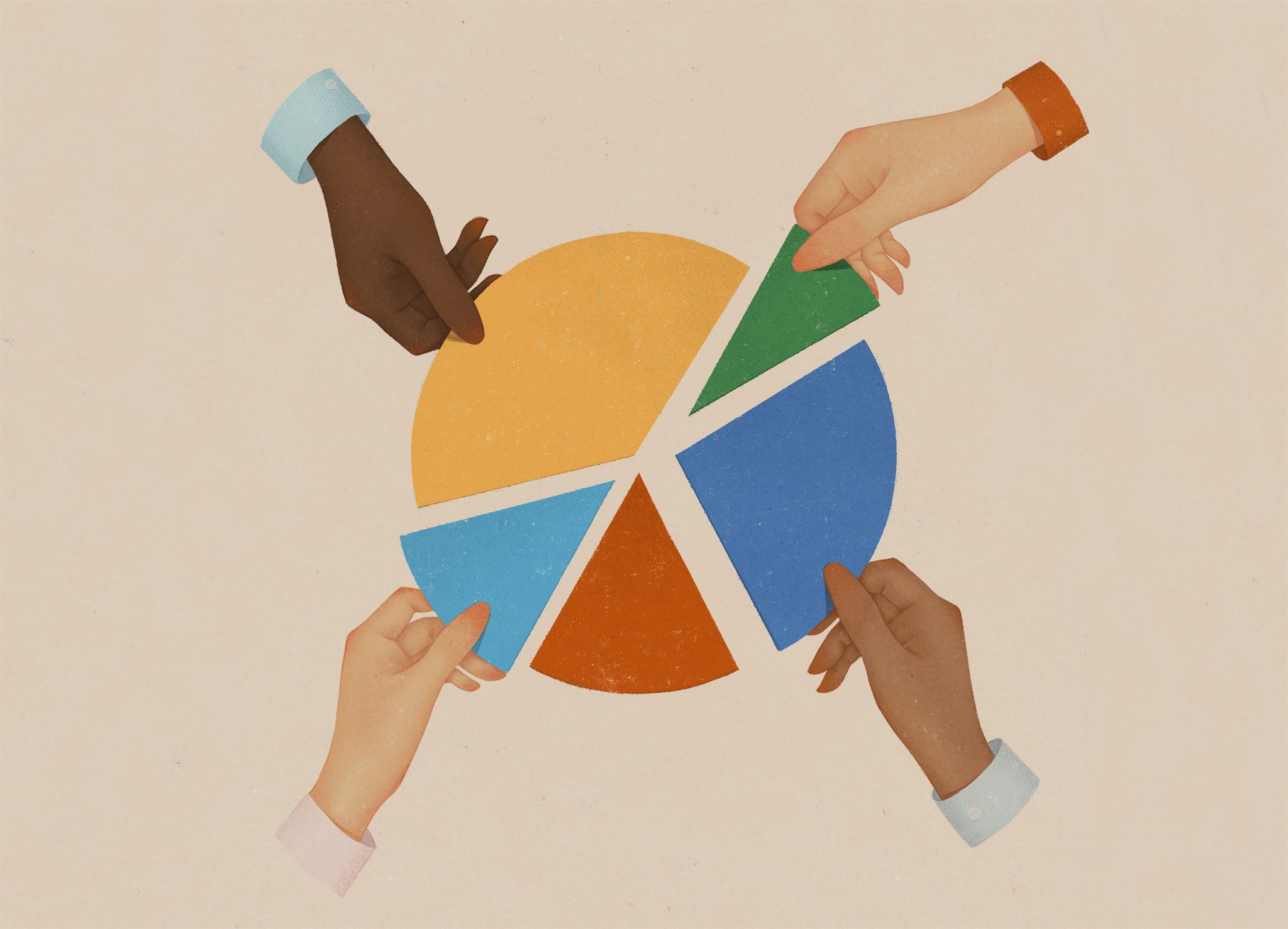 Image de plusieurs mains retirant les parts d’une tarte symbolisant les fractions d’actions et la propriété partagée