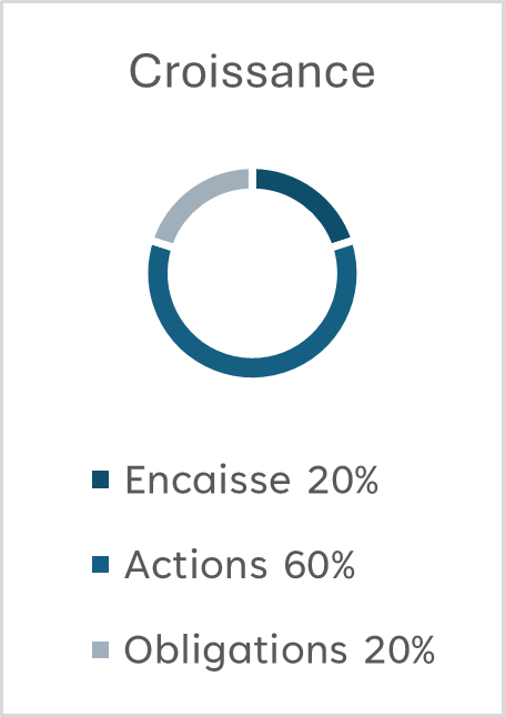 Graphique de portefeuille croissance composé de 20 % en encaisse, 60 % en actions et 20 % en obligations.